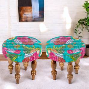 ikiriya Roswell Sheesham Wood Mid Century Round Set of 2 Stools in Sea Green Fruit Print Kantha Upholstery-picture-40