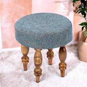 Seating In Gurgaon Design Roswell Sheesham Wood Contemporary Round Stool in Blue Jacquard Work Fabric Upholstery (Blue)
