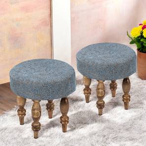 Roswell Sheesham Wood Contemporary Round Set of 2 Stools in Blue Jacquard Work Fabric Upholstery-image-27