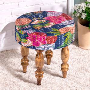 Roswell Sheesham Wood Mid Century Round Stool in Fruit Print Blue Kantha Upholstery-image-22