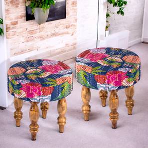 Roswell Sheesham Wood Mid Century Round Set of 2 Stools in Fruit Print Blue Kantha Upholstery-image-9