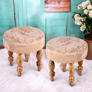 Roswell Sheesham Wood Contemporary Round Set of 2 Stools in Beige Sparkle Velvet Upholstery-image-29