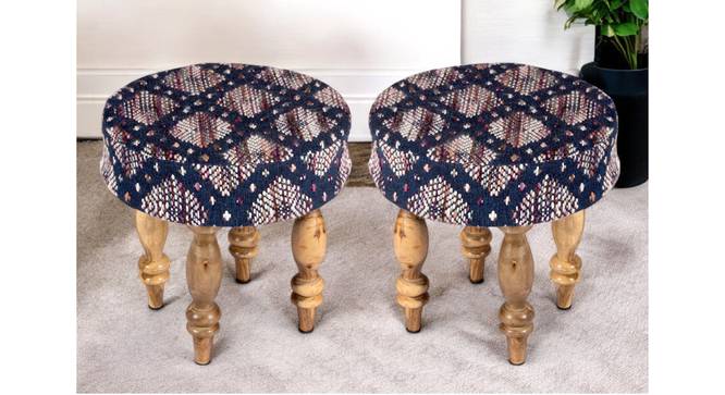 Roswell Sheesham Wood Parisian Round Set of 2 Stools in Blue Jacquard Work Fabric Upholstery (Blue) by Urban Ladder - - 