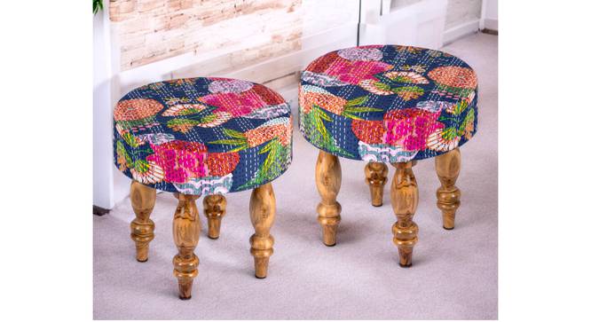 Roswell Sheesham Wood Mid Century Round Set of 2 Stools in Fruit Print Blue Kantha Upholstery (Blue) by Urban Ladder - - 