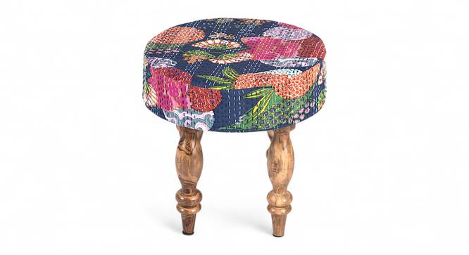 Roswell Sheesham Wood Mid Century Round Set of 2 Stools in Fruit Print Blue Kantha Upholstery (Blue) by Urban Ladder - - 