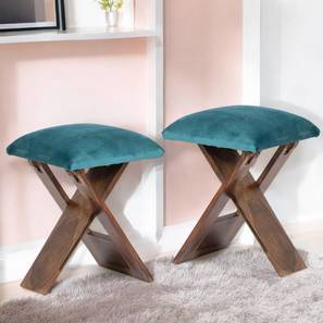 ikiriya Dayton Sheesham Wood Accent Square Set of 2 Foldable Stools in Turquoise Sea Velvet Upholstery-picture-15