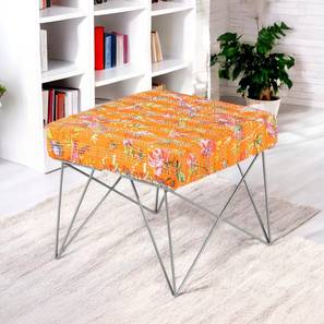Asansol Sheesham Wood Mid Century Square Stool with Metal Legs in Bird Print Orange Kantha Upholstery-image-32