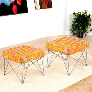 ikiriya Asansol Sheesham Wood Mid Century Square Set of 2 Stools with Metal Legs in Bird Print Orange Kantha Upholstery-picture-12