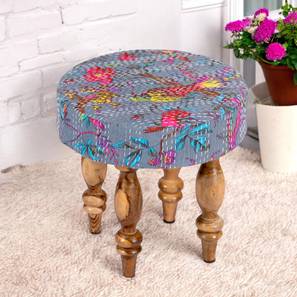Ottomans In Bangalore Design Roswell Sheesham Wood Mid Century Round Stool in Grey Brid Print Kantha Upholstery (Grey)