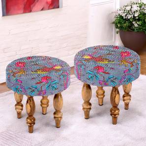 ikiriya Roswell Sheesham Wood Mid Century Round Set of 2 Stools in Grey Brid Print Kantha Upholstery-picture-6