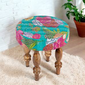 Ottomans In Bangalore Design Roswell Sheesham Wood Mid Century Round Stool in Sea Green Fruit Print Kantha Upholstery (Green)