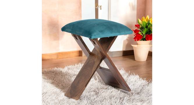 Dayton Sheesham Wood Accent Square Foldable Stool in Turquoise Sea Velvet Upholstery (Blue) by Urban Ladder - - 