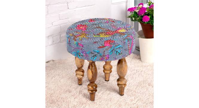 Roswell Sheesham Wood Mid Century Round Stool in Grey Brid Print Kantha Upholstery (Grey) by Urban Ladder - - 