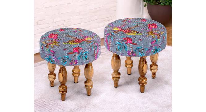 Roswell Sheesham Wood Mid Century Round Set of 2 Stools in Grey Brid Print Kantha Upholstery (Grey) by Urban Ladder - - 