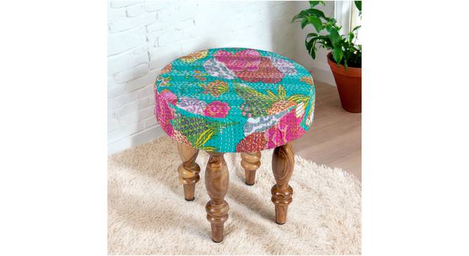 Roswell Sheesham Wood Mid Century Round Stool in Sea Green Fruit Print Kantha Upholstery (Green) by Urban Ladder - - 