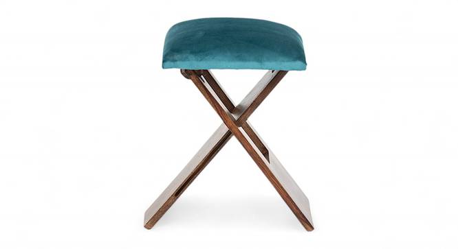 Dayton Sheesham Wood Accent Square Foldable Stool in Turquoise Sea Velvet Upholstery (Blue) by Urban Ladder - - 
