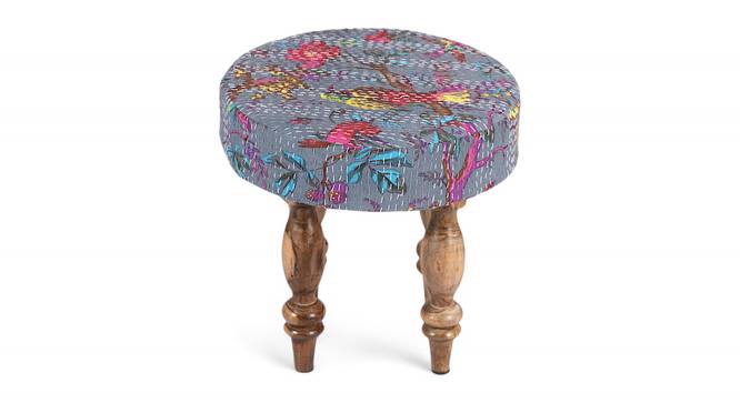 Roswell Sheesham Wood Mid Century Round Stool in Grey Brid Print Kantha Upholstery (Grey) by Urban Ladder - - 