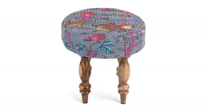 Roswell Sheesham Wood Mid Century Round Set of 2 Stools in Grey Brid Print Kantha Upholstery (Grey) by Urban Ladder - - 