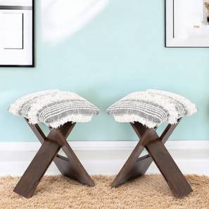 Dayton Sheesham Wood Mid Century Square Set of 2 Foldable Stools in Grey Fabric with Fringes Upholstery-image-26