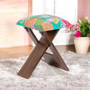 ikiriya Dayton Sheesham Wood Mid Century Square Foldable Stool in Sea Green Fruit Print Kantha Upholstery-picture-20