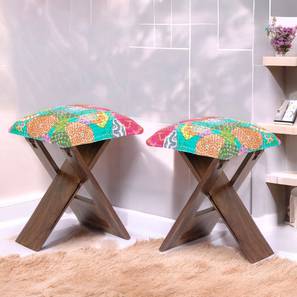 ikiriya Dayton Sheesham Wood Mid Century Square Set of 2 Foldable Stools in Sea Green Fruit Print Kantha Upholstery-picture-15
