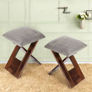 Dayton Sheesham Wood Accent Square Set of 2 Foldable Stools in Grey Cotton Velvet Upholstery-image-8