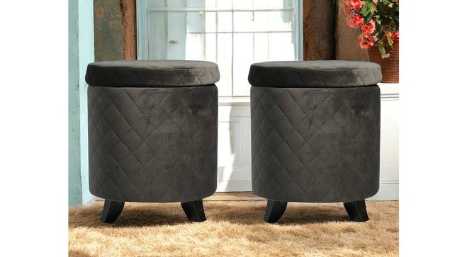 Orlando Solid Wood Accent Round Set of 2 Ottomans in Iron Grey Velvet Upholstery with Storage (Grey) by Urban Ladder - - 