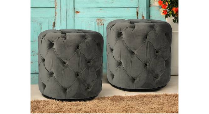 Dallas Solid Wood Accent Round Set of 2 Ottomans in Iron Grey Velvet Upholstery (Grey) by Urban Ladder - - 