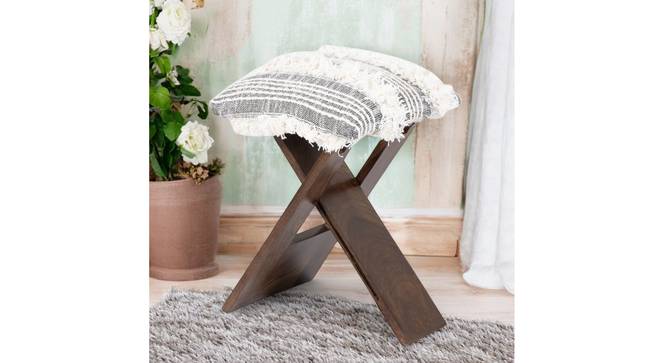 Dayton Sheesham Wood Mid Century Square Foldable Stool in Grey Fabric with Fringes Upholstery (Grey) by Urban Ladder - - 