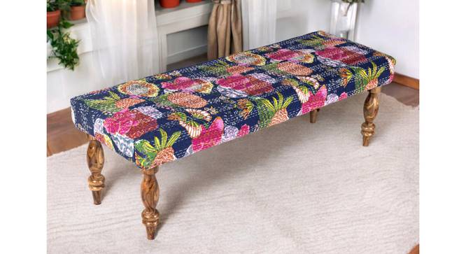 Cairo Sheesham Wood Mid Century 3 Seater Bench in Fruit Print Blue Kantha (Blue Finish) by Urban Ladder - - 