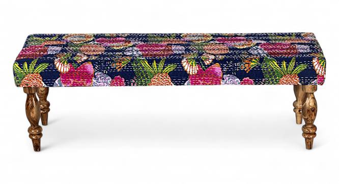 Cairo Sheesham Wood Mid Century 3 Seater Bench in Fruit Print Blue Kantha (Blue Finish) by Urban Ladder - - 