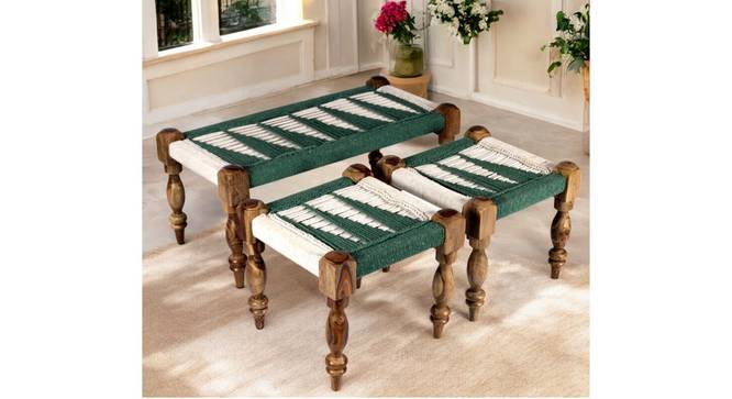 Oakville Sheesham Wood Vintage 2+1+1 Seater Maachi Bench Set with 2 Stools in Green & White Rope Canning (Green Finish) by Urban Ladder - - 