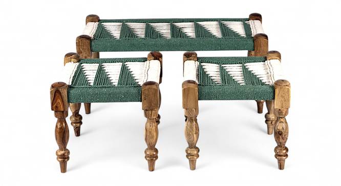 Oakville Sheesham Wood Vintage 2+1+1 Seater Maachi Bench Set with 2 Stools in Green & White Rope Canning (Green Finish) by Urban Ladder - - 