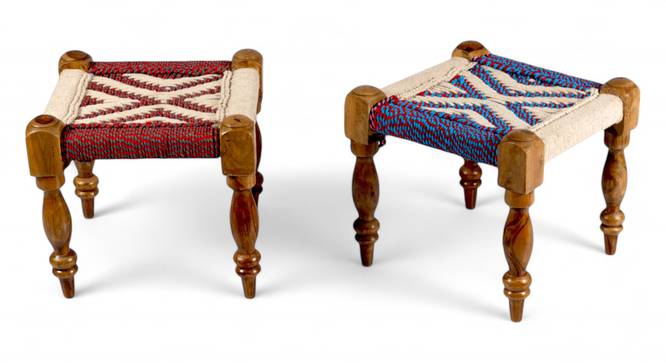 Oakville Sheesham Wood Vintage 3+1+1 Seater Maachi Bench Set with 2 Stools in Multi Colour Chindi & White Rope Canning (Multicolored Finish) by Urban Ladder - - 
