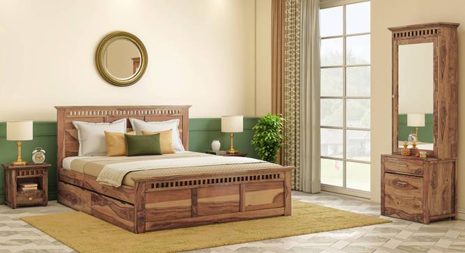 Fidora Storage Bed with Fidora Bedside Table (Teak Finish, Queen Bed Size, Bed + 1 Bedside Table Set) by Urban Ladder - - 
