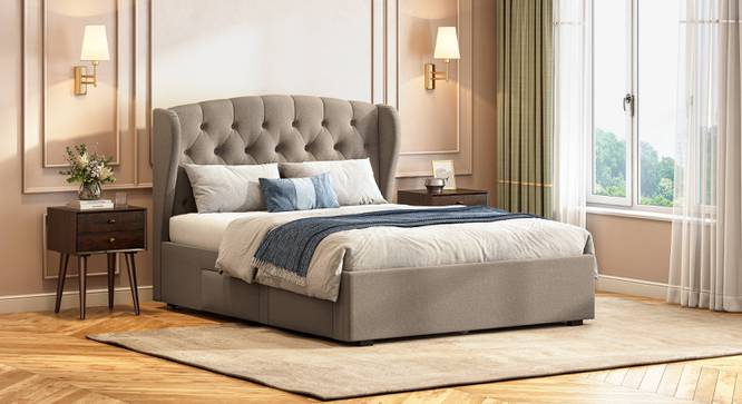 Homebrook Storage Bed with Denton Bedside Table (Queen Bed Size, Bed + 1 Bedside Table Set, Shitake Beige Finish) by Urban Ladder - - 