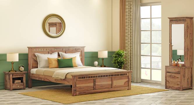 Fidora Non Storage Bed With Fidora Bed Side and End Table (Teak Finish, Queen Bed Size, Bed + 2 Bedside Table Set) by Urban Ladder - - 
