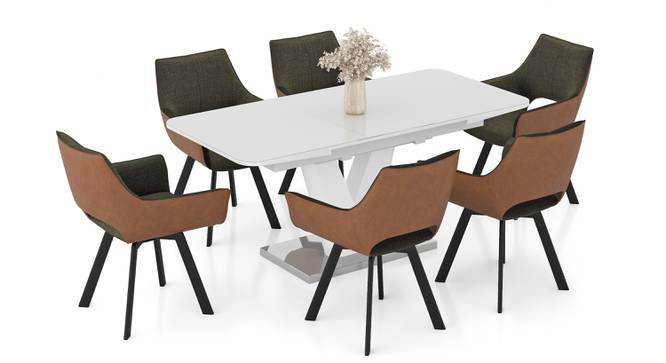 Caribu 4 to 6 extendable dining table, Finish - White marble color High Gloss with set of 6 Casey Swivel Dining Chair in Dual Tone (White High Gloss Finish, Dual Tone, 6 No of Chairs, 4 to 6 Table Seating Capacity) by Urban Ladder - Design 1 Full View - 995827