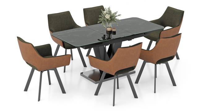 Caribu 4 to 6 extendable dining table, Finish - White marble color High Gloss with set of 6 Casey Swivel Dining Chair in Dual Tone (Dual Tone, Black Marble High Gloss Finish, 6 No of Chairs, 4 to 6 Table Seating Capacity) by Urban Ladder - Design 1 Full View - 995858