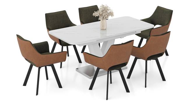 Caribu 4 to 6 extendable dining table, Finish - White marble color High Gloss with set of 6 Casey Swivel Dining Chair in Dual Tone (Dual Tone, White Marble Finish, 6 No of Chairs, 4 to 6 Table Seating Capacity) by Urban Ladder - Design 1 Full View - 995893
