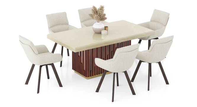 Gabriele Onyx 6 Seater Pedestal Dining Table With Set Of 6 Bren Swivel Dining Chair in Auburn Fabric (Teak Finish, Ivory) by Urban Ladder - - 995931