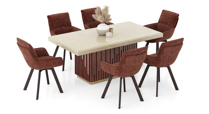 Gabriele Onyx 6 Seater Pedestal Dining Table With Set Of 6 Bren Swivel Dining Chair in Auburn Fabric (Teak Finish, Auburn) by Urban Ladder - - 995932