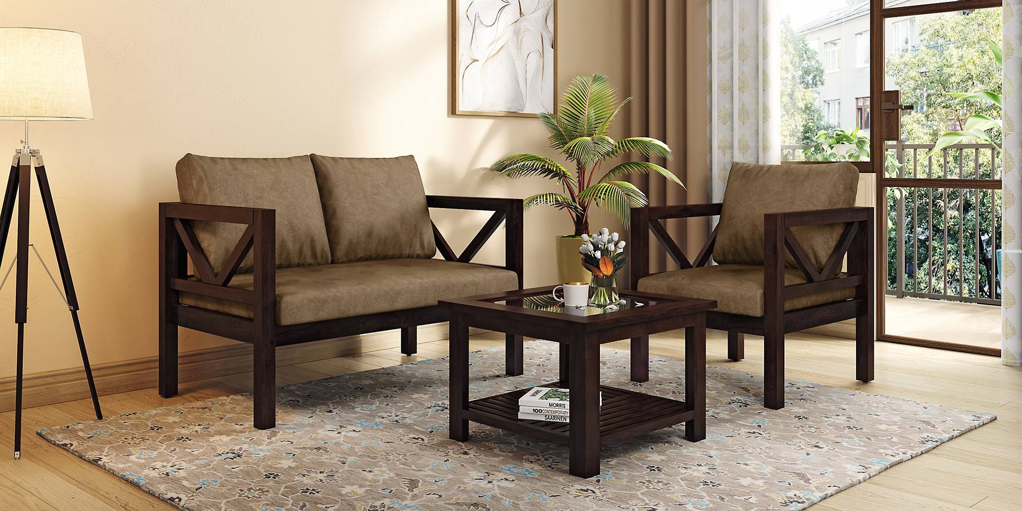 Alden wooden sofa Finish Mahogany Peanut Brown Velvet Urban