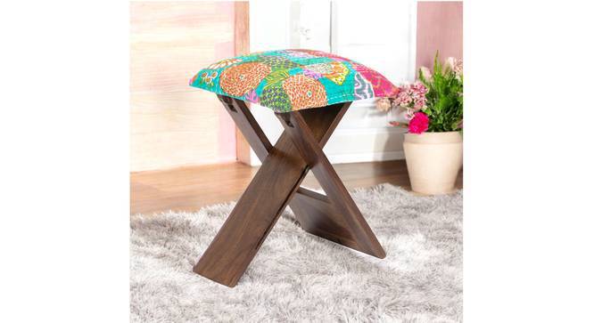 Dayton Sheesham Wood Mid Century Square Foldable Stool in Sea Green Fruit Print Kantha Upholstery Urban Ladder
